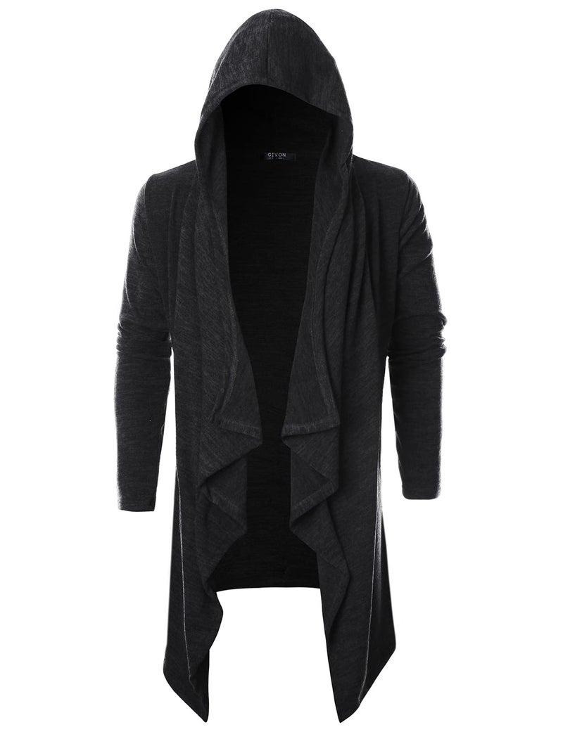 GIVON Mens Hooded Cardigan Ruffle Shawl Collar Drape Cape Overcoat with Pockets & Oversized Hood / DCC145-BLACK-S - Image 2